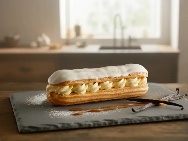 Éclair fourré à la crème vanillée, nappé de glaçage, posé sur une planche noire, avec des gousses de vanille à côté.