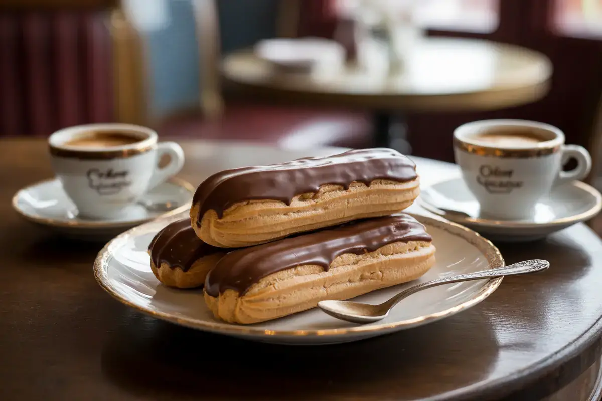 Éclairs nappés de glaçage sur une assiette, à côté de deux tasses de café