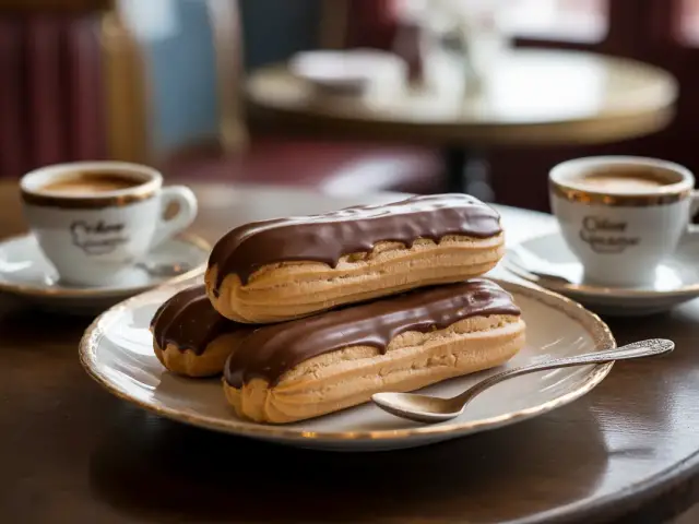 Éclairs nappés de glaçage sur une assiette, à côté de deux tasses de café