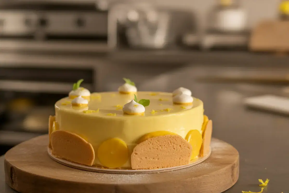 Gâteau au citron décoré de meringues, tranches de citron et zestes, sur un plateau en bois dans une cuisine.