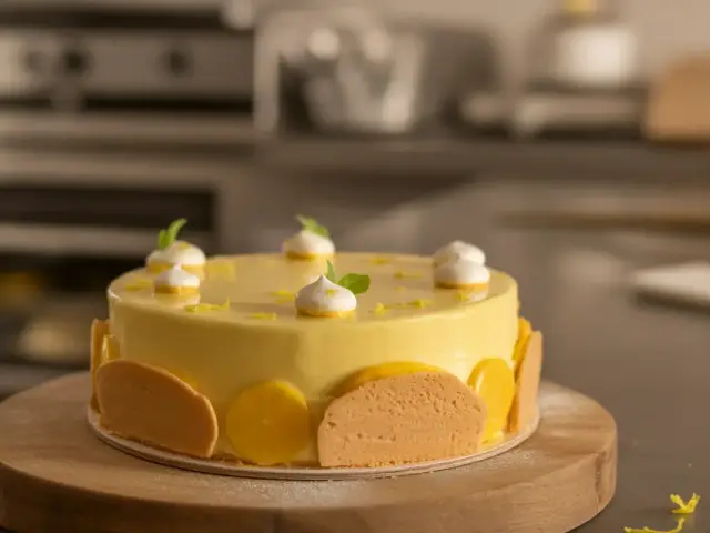 Gâteau au citron décoré de meringues, tranches de citron et zestes, sur un plateau en bois dans une cuisine.