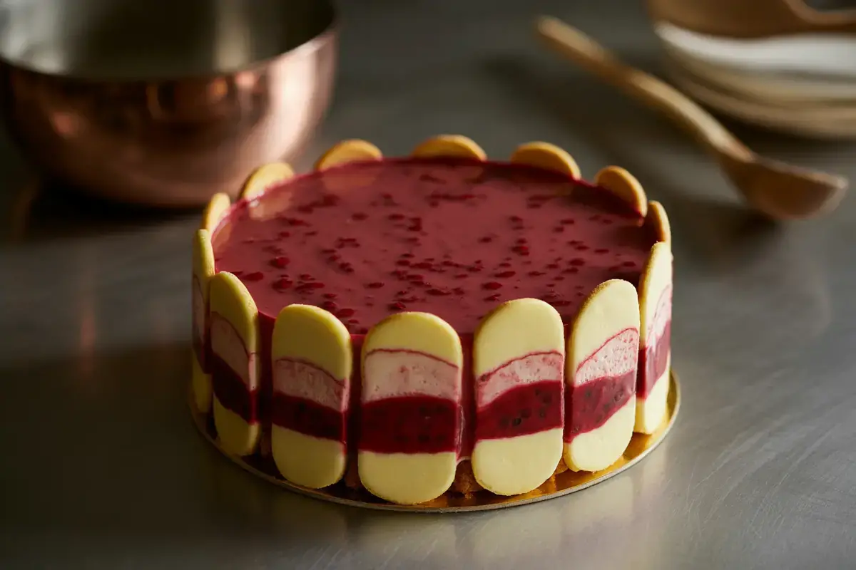Gâteau rond avec couche de framboise, décoré de biscuits. En arrière-plan, un bol en métal et une cuillère en bois.