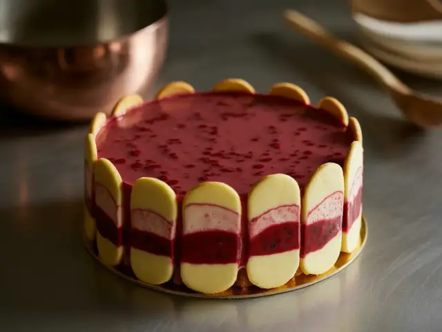 Gâteau rond avec couche de framboise, décoré de biscuits. En arrière-plan, un bol en métal et une cuillère en bois.