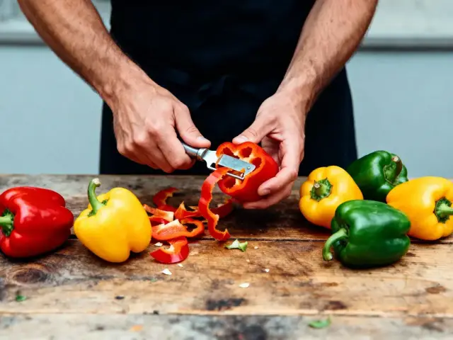 Homme épluchant un poivron rouge sur une table en bois avec plusieurs poivrons colorés autour.
