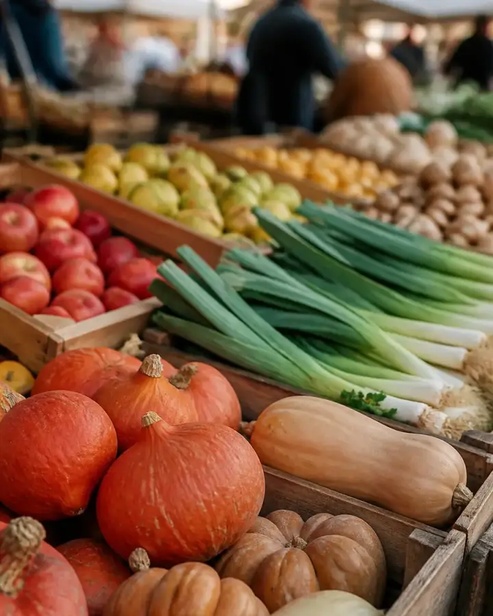Cagettes de potirons, courges, poireaux, pommes et poires sur un étal de marché en automne