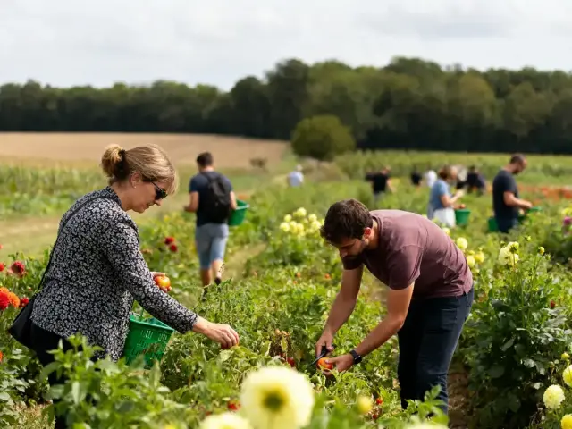 Personnes récoltant des légumes dans les champs de la ferme de Rutel en été