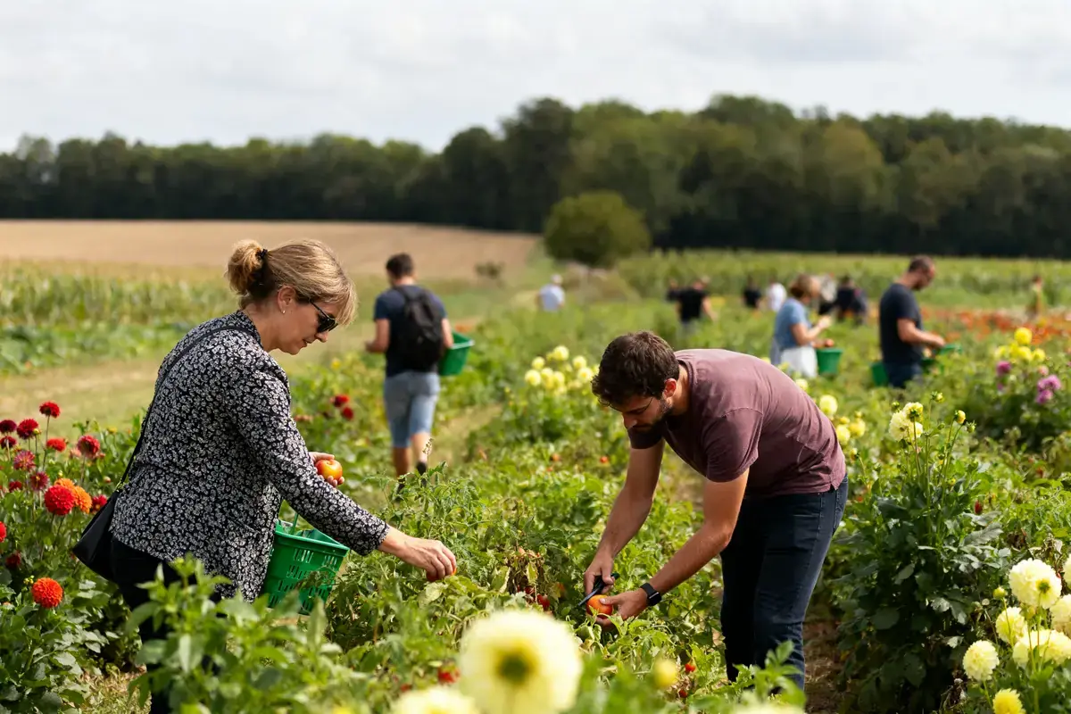 Personnes récoltant des légumes dans les champs de la ferme de Rutel en été