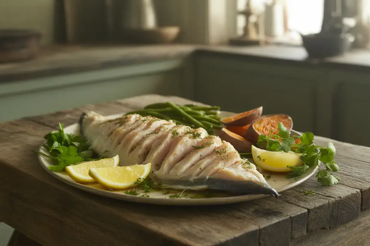 Plat de poisson cuit, garniture de citron et coriandre, accompagné de haricots verts et de patates douces sur une planche en bois.