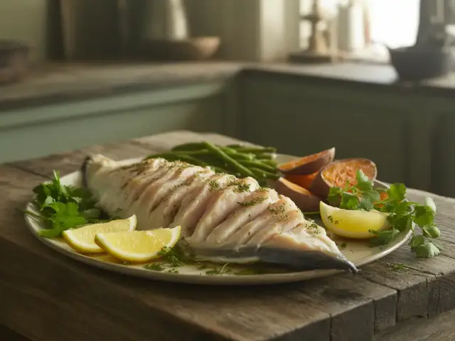 Plat de poisson cuit, garniture de citron et coriandre, accompagné de haricots verts et de patates douces sur une planche en bois.