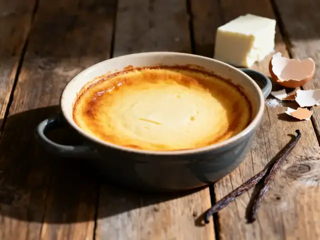 Flan pâtissier crémeux dans un plat, avec vanille, œufs et beurre sur table boisée