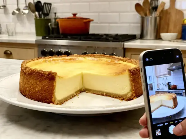 Cheesecake sur assiette, part retirée, cuisine moderne, smartphone photographiant dessert avec fourchettes en arrière-plan.