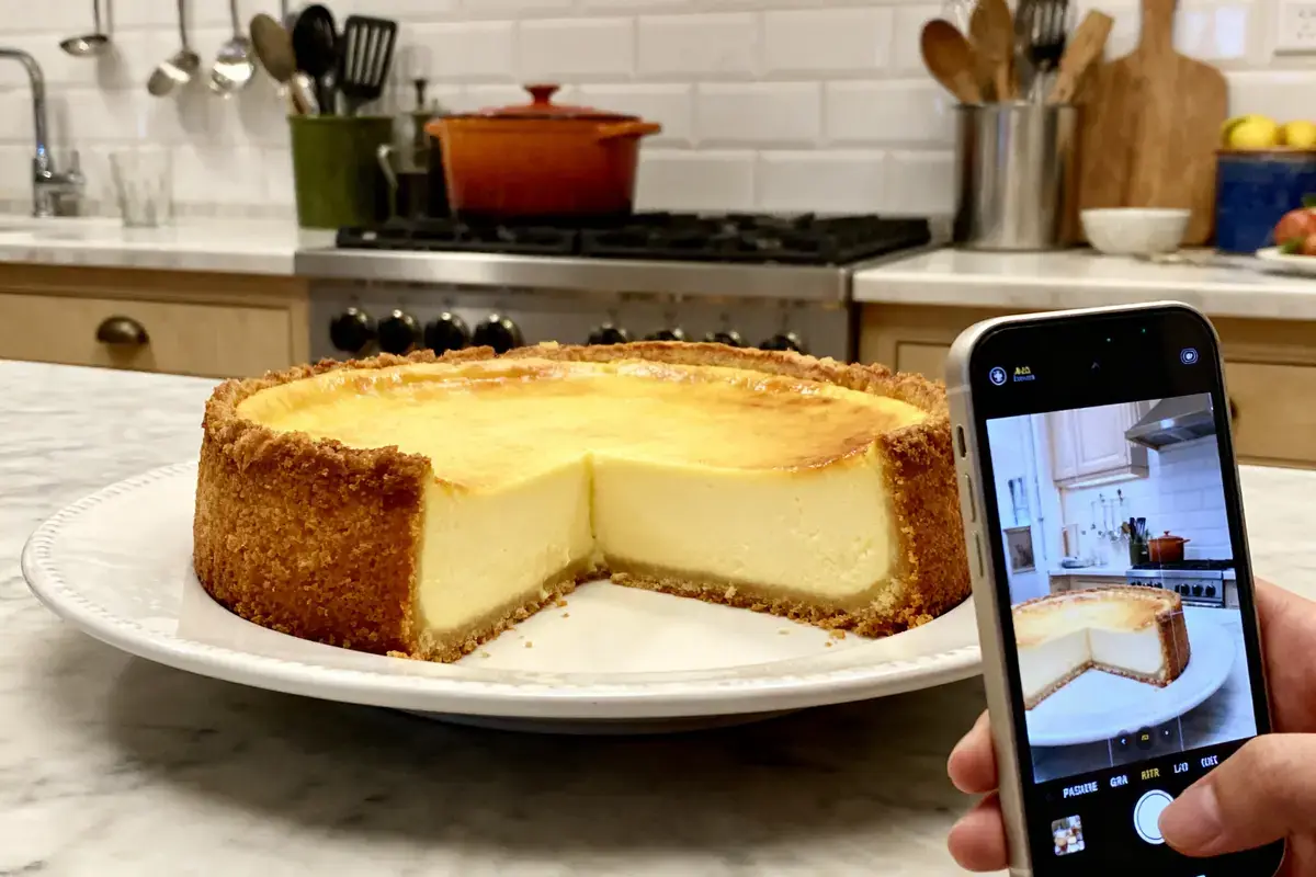 Cheesecake sur assiette, part retirée, cuisine moderne, smartphone photographiant dessert avec fourchettes en arrière-plan.