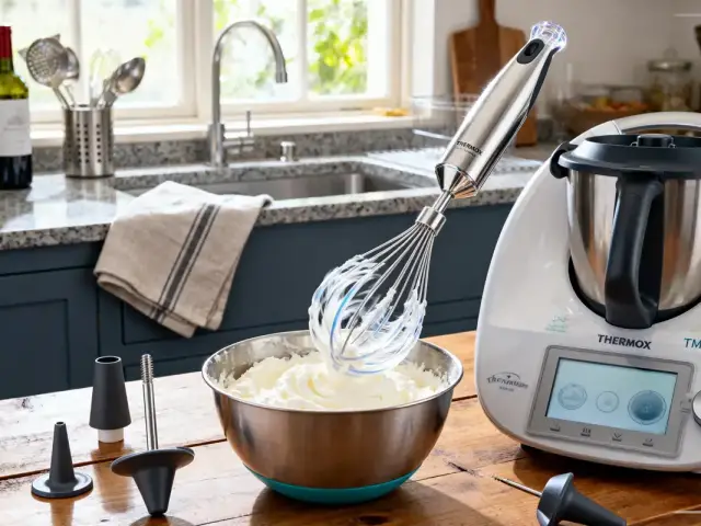 Robot de cuisine Thermomix avec fouet, bol de crème fouettée, accessoires et bouteille de vin dans une cuisine.