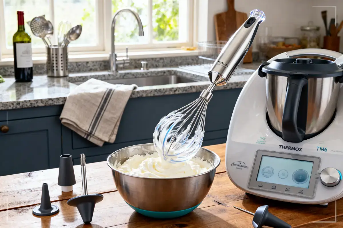 Robot de cuisine Thermomix avec fouet, bol de crème fouettée, accessoires et bouteille de vin dans une cuisine.