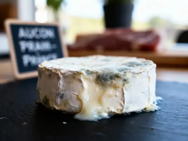 Fromage crémeux coulant sur planche, arrière-plan flou ardoise et écriteau partiellement visible.