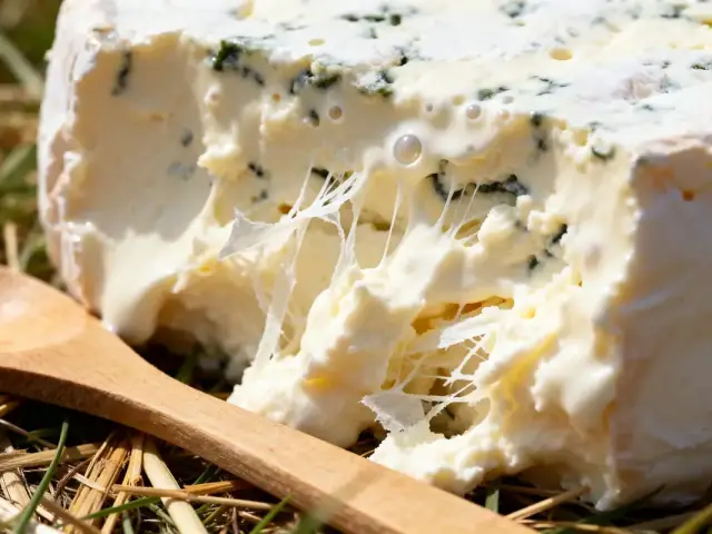 Fromage stracciatella fondant avec texture crémeuse et cuillère en bois sur paille sèche