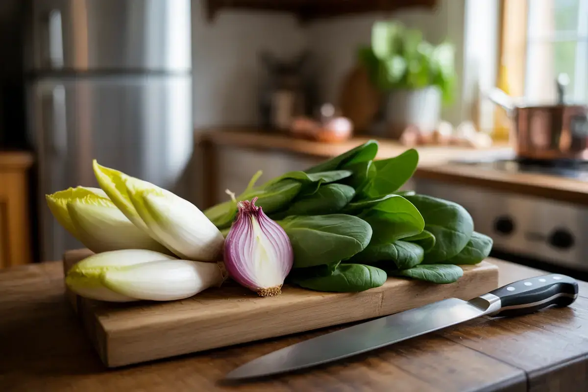 Un plan de travail en bois avec des endives, des épinards et un oignon rouge, accompagné d'un couteau en métal.