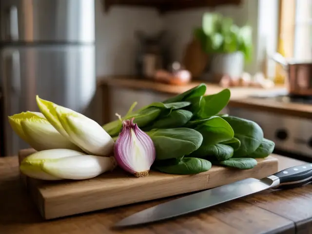 Un plan de travail en bois avec des endives, des épinards et un oignon rouge, accompagné d'un couteau en métal.