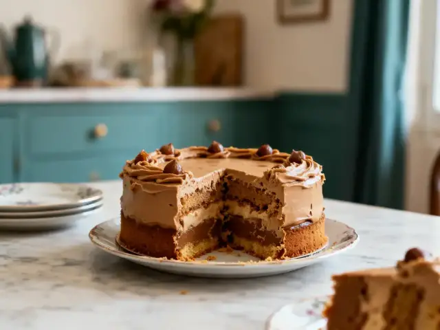 Gâteau à la crème au chocolat sur table de cuisine, partiellement coupé, assiettes empilées à côté.
