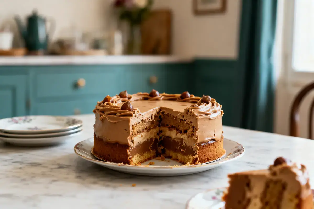 Gâteau à la crème au chocolat sur table de cuisine, partiellement coupé, assiettes empilées à côté.