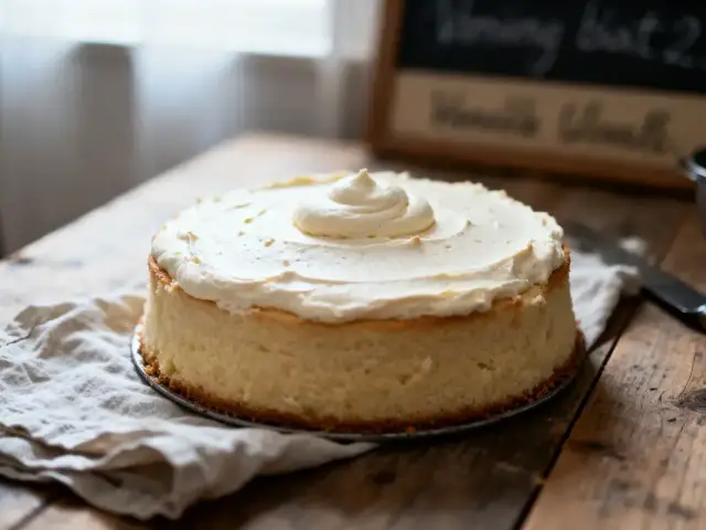 Gâteau à la vanille avec glaçage blanc sur table en bois, rideaux et ardoise en arrière-plan.