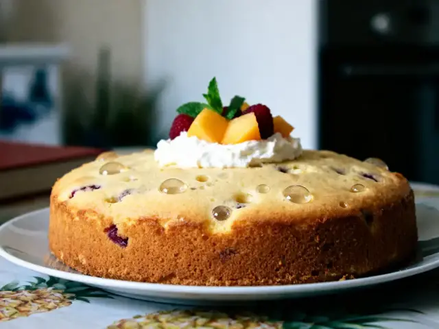 Gâteau au yaourt avec fruits frais et crème sur assiette blanche décorative