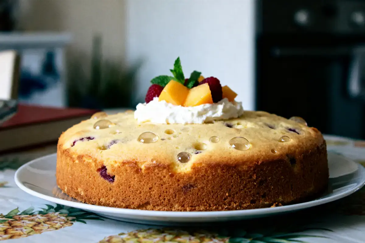 Gâteau au yaourt avec fruits frais et crème sur assiette blanche décorative