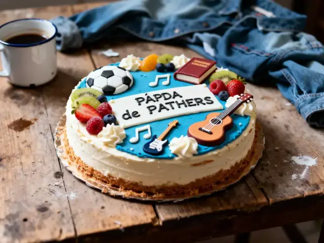 Gâteau décoré avec fruits, guitare, ballon, livre sur table en bois, chemise en jean, tasse café.