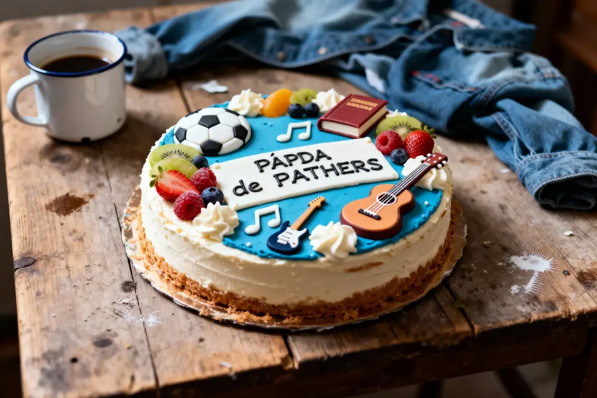 Gâteau décoré avec fruits, guitare, ballon, livre sur table en bois, chemise en jean, tasse café.