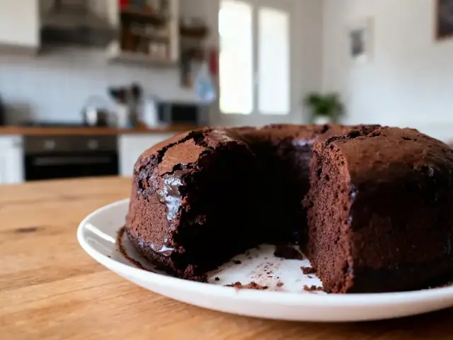 Gâteau au chocolat avec une part manquante, posé sur une assiette blanche, dans une cuisine moderne.
