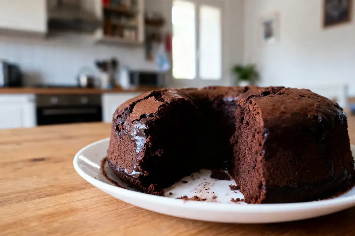 Gâteau au chocolat avec une part manquante, posé sur une assiette blanche, dans une cuisine moderne.
