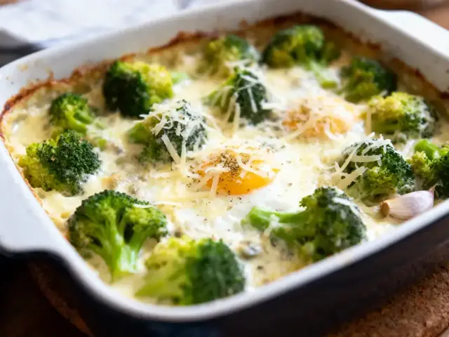 Plat de cuisson avec brocolis, œufs cuits au four, fromage râpé et ail dans une sauce crémeuse.