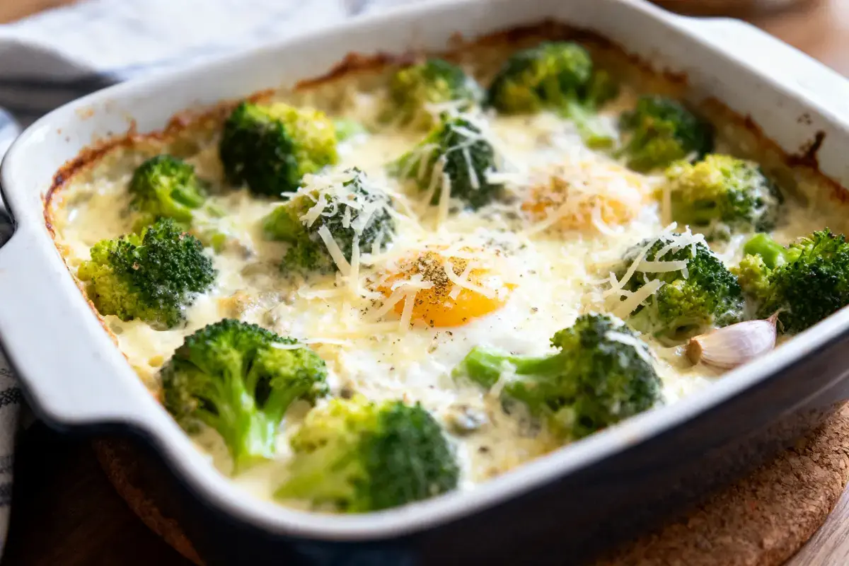 Plat de cuisson avec brocolis, œufs cuits au four, fromage râpé et ail dans une sauce crémeuse.