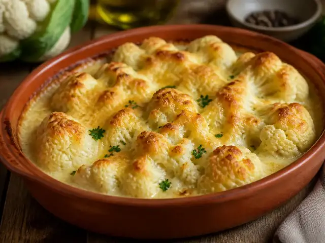 Gratin de chou-fleur doré dans un plat en terre cuite avec persil frais