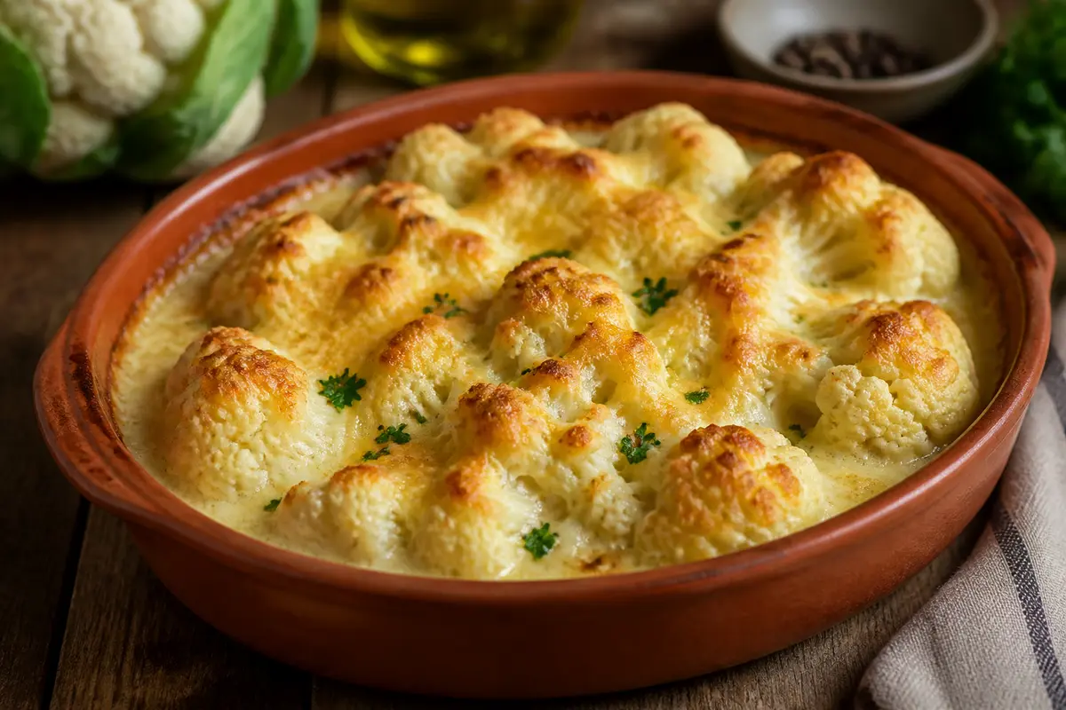Gratin de chou-fleur doré dans un plat en terre cuite avec persil frais