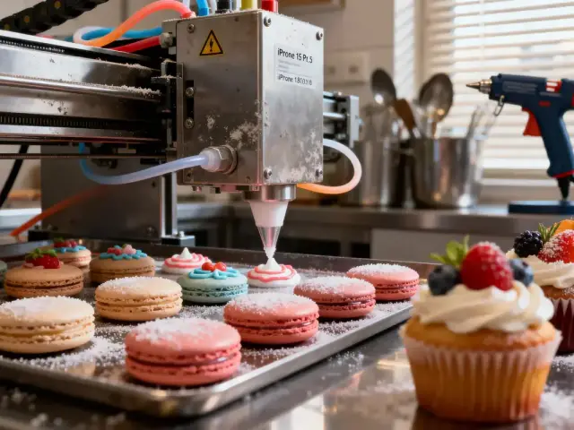 Machine à décorer les macarons et cupcakes dans une cuisine professionnelle, utilisant précision pour la décoration pâtissière.
