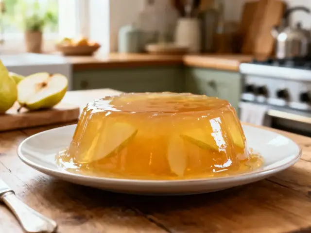 Gelée de poires sur une assiette blanche, dans une cuisine en arrière-plan.