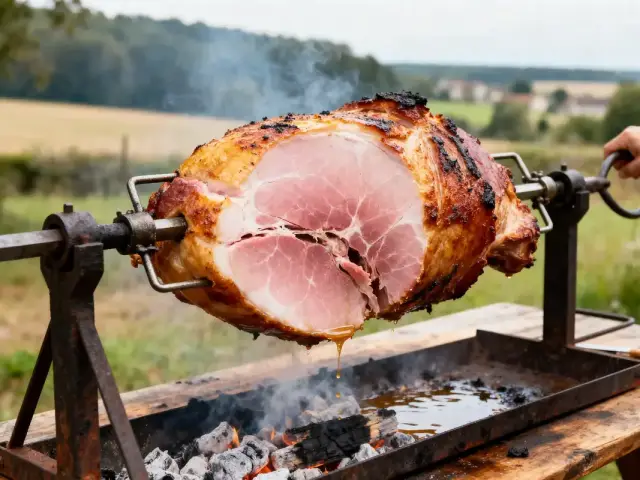 Jambon à la broche en cuisson sur barbecue en plein air avec flammes et fumée
