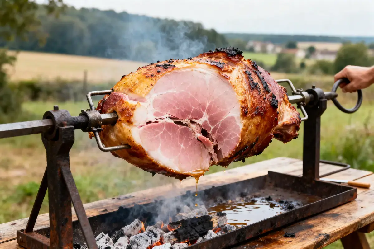 Jambon à la broche en cuisson sur barbecue en plein air avec flammes et fumée