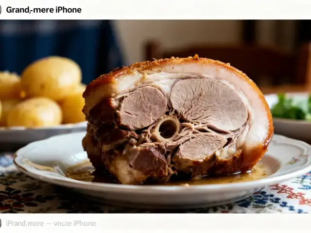 Joue de porc façon grand-mère servie avec pommes de terre et légumes verts en arrière-plan