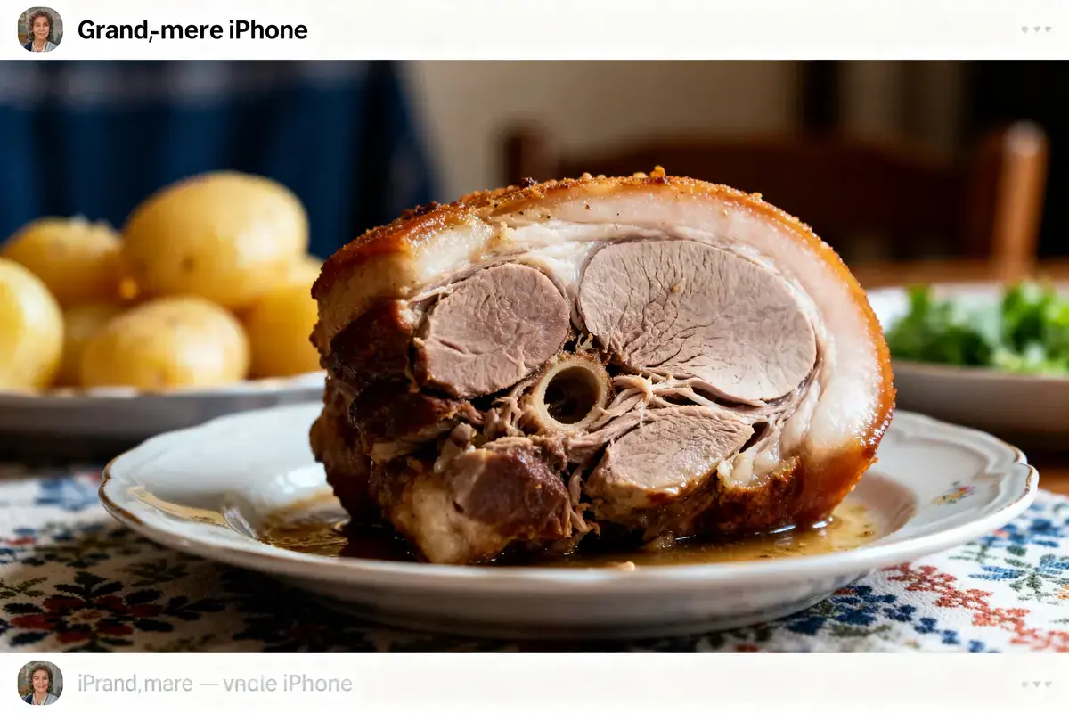 Joue de porc façon grand-mère servie avec pommes de terre et légumes verts en arrière-plan