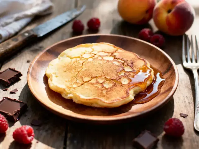 Pancake au sirop sur assiette en bois, framboises, chocolat, pêches, couteau et fourchette sur table en bois.