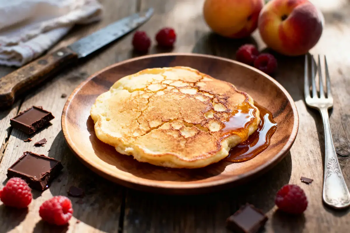 Pancake au sirop sur assiette en bois, framboises, chocolat, pĂȘches, couteau et fourchette sur table en bois.