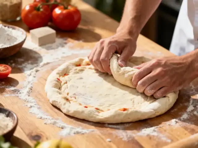 Mains façonnant pâte à pizza sur planche en bois, entourées de farine, tomates et ingrédients.