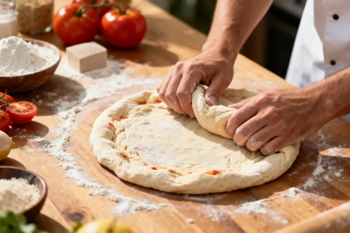 Mains façonnant pâte à pizza sur planche en bois, entourées de farine, tomates et ingrédients.