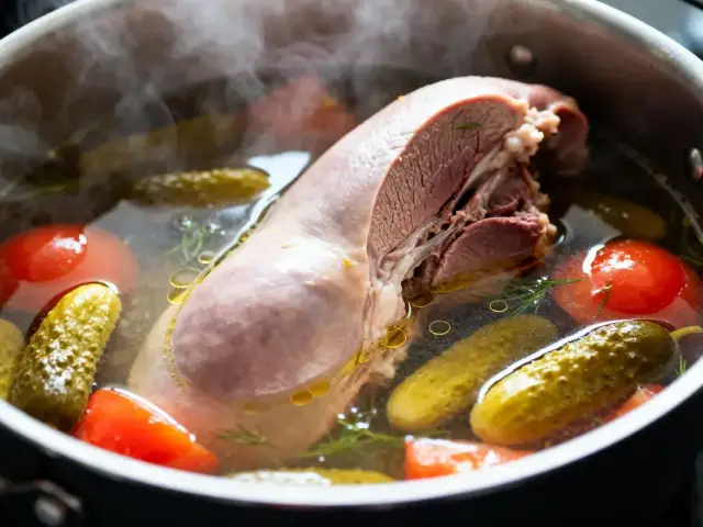 Langue de bœuf mijotée avec cornichons et tomates pour langue sauce piquante