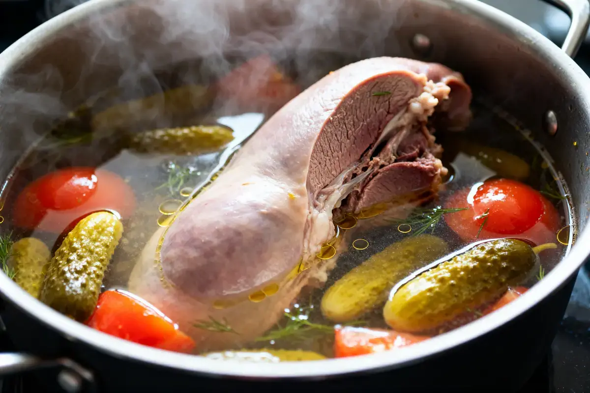 Langue de bœuf mijotée avec cornichons et tomates pour langue sauce piquante