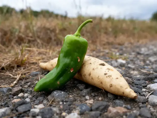 Poivron vert et jicama sur chemin rocailleux, légume en J en extérieur rural