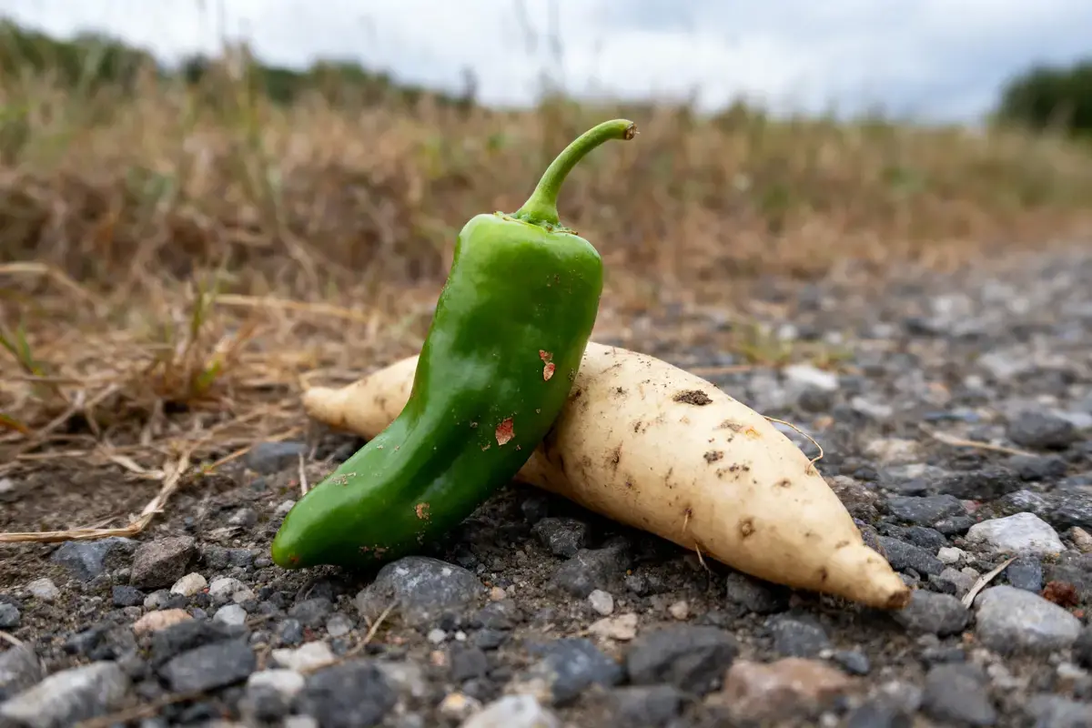 Poivron vert et jicama sur chemin rocailleux, légume en J en extérieur rural