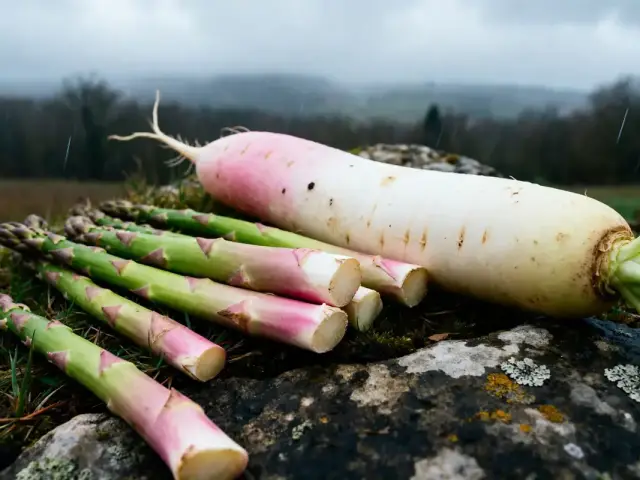 Asperges et daikon sauvages sur rocher sous la pluie légumes par D